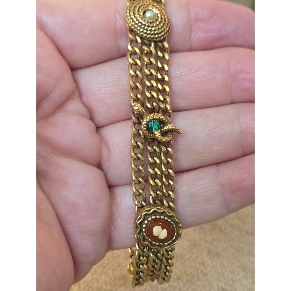 GOLDETTE 3-Strand Chain Bracelet With Charms Snake Cameo Bee Flower Vintage